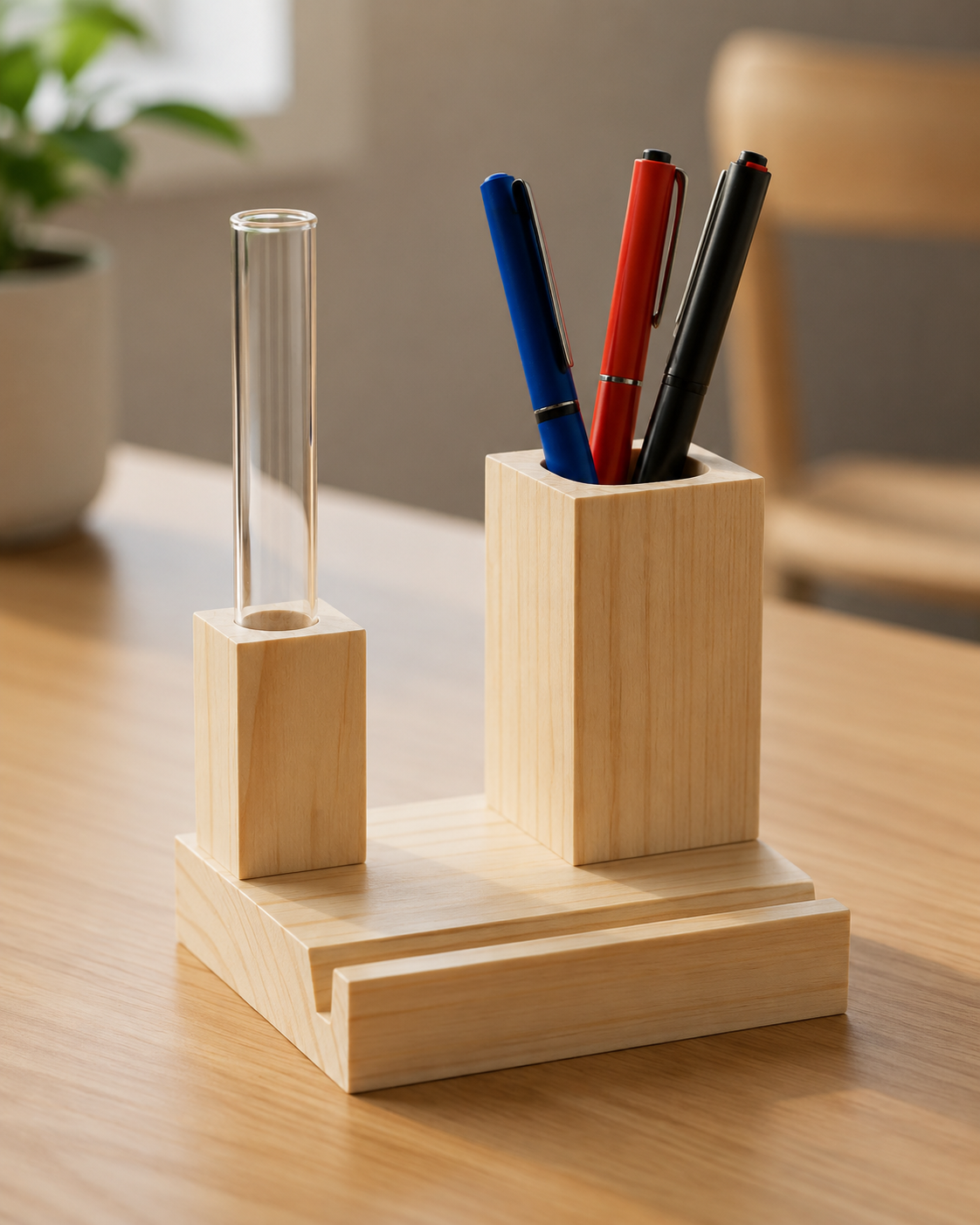 Wooden Pen Stand with Test Tube Holder