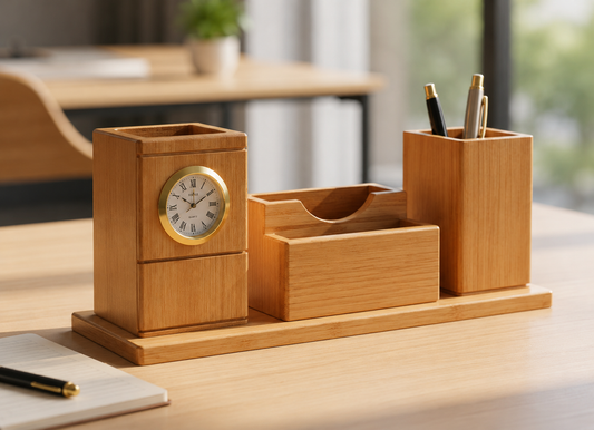 Wooden Desk Organizer with Clock