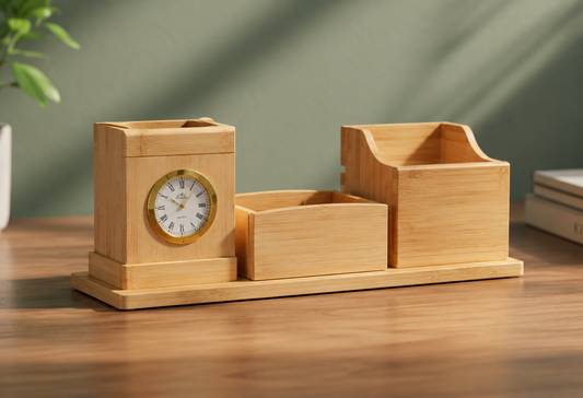 Wooden Multi-Utility Desk Organizer with Clock